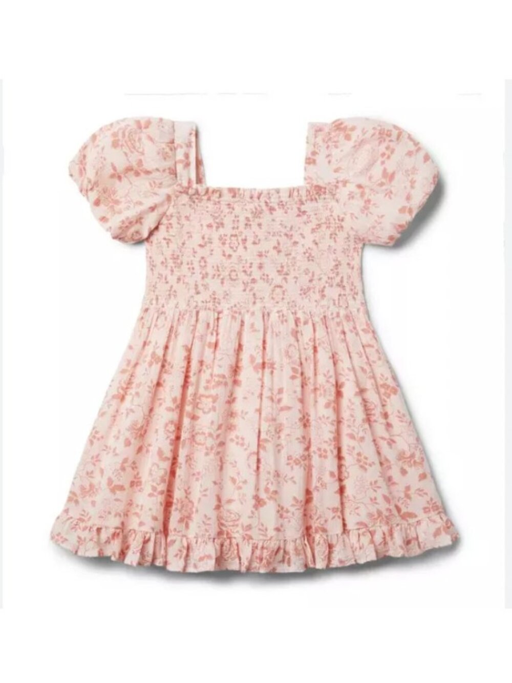 Janie And Jack Girls Sundress 2T Pink Floral Smocked Puff Sleeve Ruffle Hem